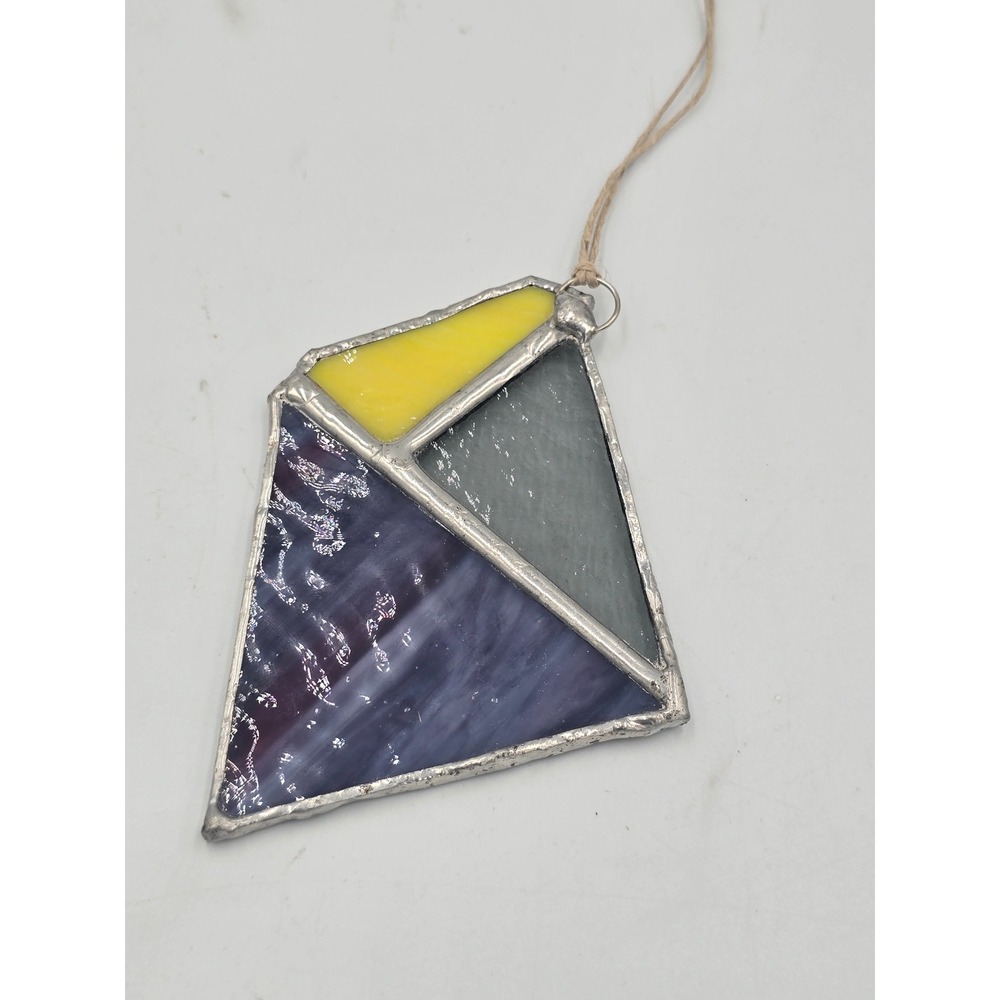Handmade Stained Glass Geometric Suncatcher Ornament Purple Yellow Grey Abstract